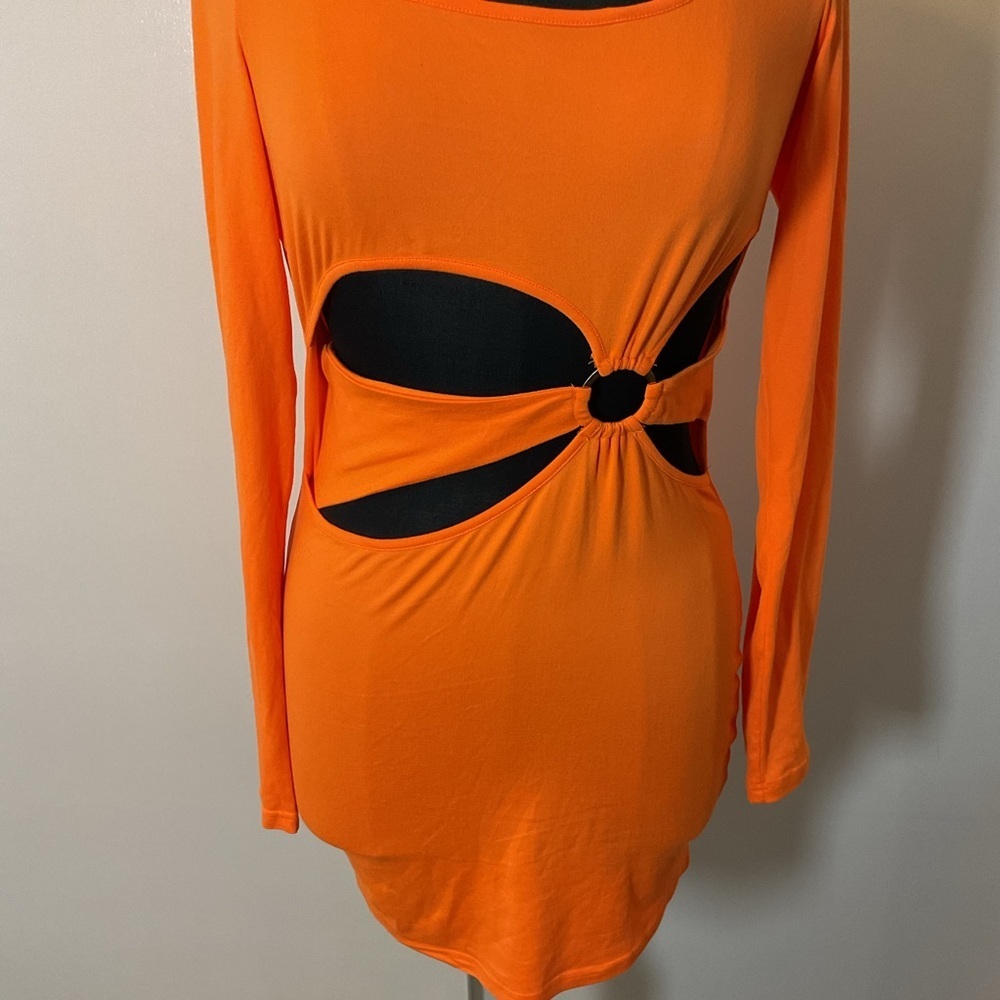 SHEIN Orange Embellished Waist Cut-Out Long Sleeve Bodycon Mini Dress SZ Med - Picture 4 of 6